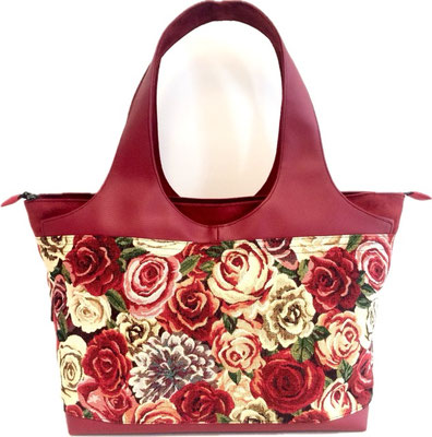 Shopper Grand Modèle  tissu Roses skaï et alcantara rouge