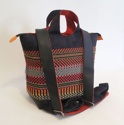 Sacados MM Tissu ethnique orange alcantara et skaï Noir dos