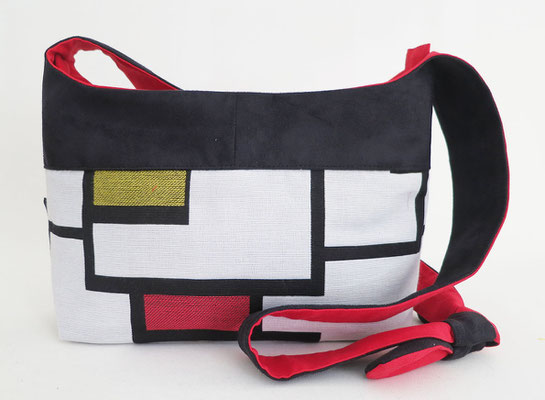 Bandoulière MM  Tissu Mondrian + Alcantara noir inter rouge