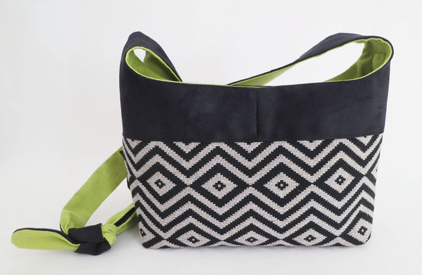Bandoulière MM  Tissu Chevrons N&b + Alcantara noir, inter anis