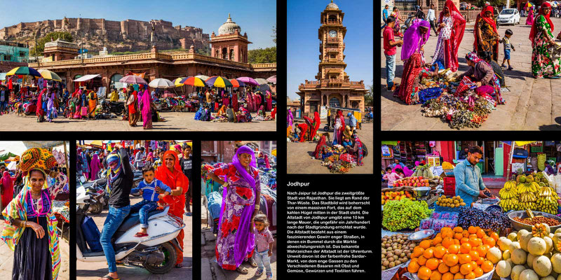 Bildband Rajasthan, Reisefuehrer, Reisebildband, Raimund Franken, farbenpraechtiger Markt in Jodpur mit Blick auf das Fort