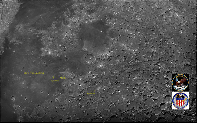 Landeplatz Apollo 11: 1969_07_20, Armstrong (Kommandant), Aldrin, Collins / Apollo 16: 1972_04_21, Young (Kommandant), Mattingly, Duke