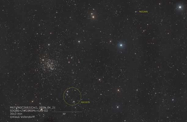 M67=NGC2682 mit NGC2678 und NGC2661 mit SDQ86+ZWO ASI 2600MC+LPS-D1