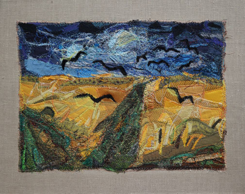 Dörte Putensen, Fadenfeld mit Vögeln, 40 x 50 cm