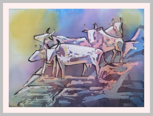 Wachsame Herde, Aquarell-Pouring,40x50,2014