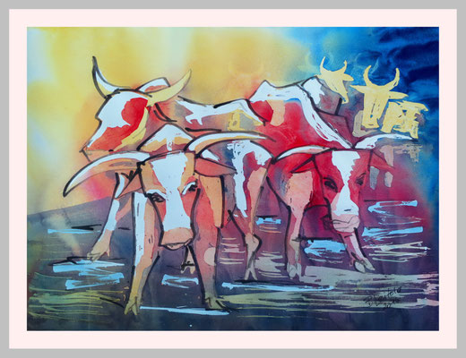Wasserbüffel, Aquarell-Pouring,40x50,2014