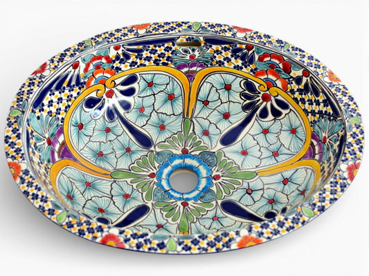 Ovales Einbauwaschbecken im Talavera-Stil, handbemalt im Caribe-Design mit buntem, floralem Muster für das Badezimmer.