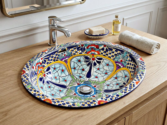 Talavera Mexiko Einbauwaschbecken, handbemalt mit buntem Karibik-Muster für das Badezimmer
