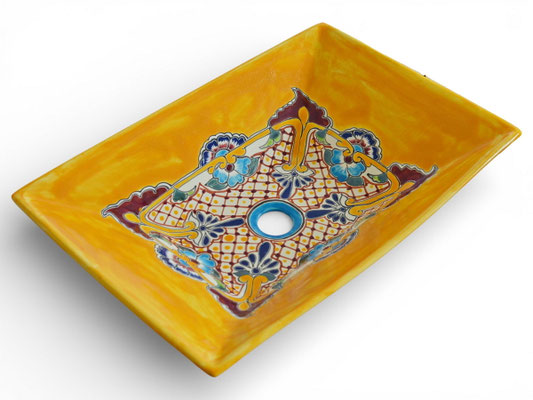 Rechteckiges, buntes Aufsatzwaschbecken aus Mexiko in Gelb mit abwechslungsreichem Talavera-Muster – PUEBLA Design