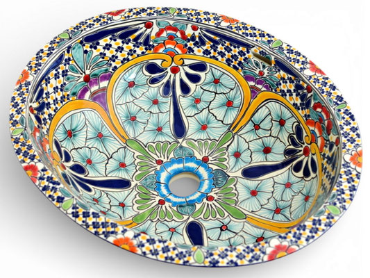 Ovales Einbauwaschbecken im Talavera-Stil, handbemalt im Caribe-Design mit buntem, floralem Muster für das Badezimmer.