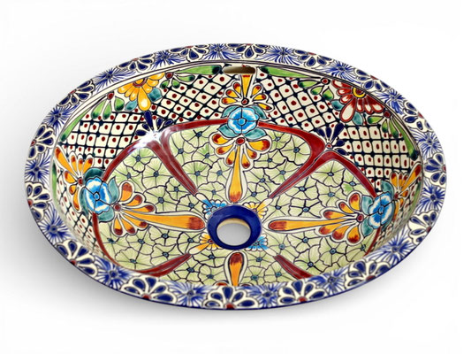Farbenfrohes Einbauwaschbecken aus Keramik aus Mexiko mit Talavera-Blumenmuster