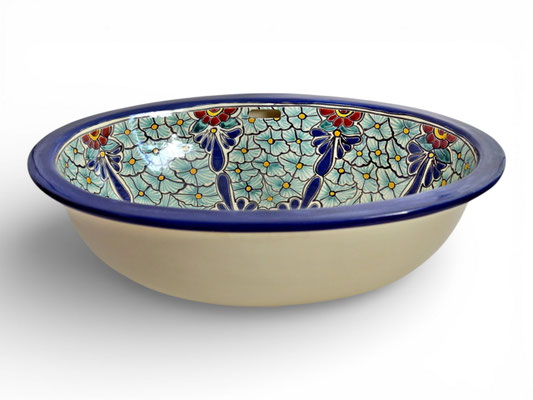 Keramik-Einbauwaschbecken, oval, aus Mexiko mit blau-grünem Blumenmuster PASION