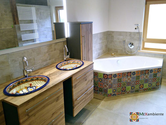 Badezimmer mit mexikanischen Fliesen 10x10 + Einbauwaschbecken MAYA