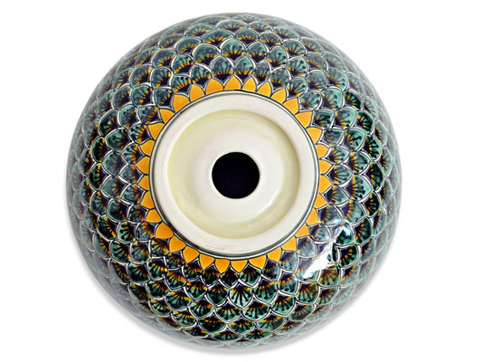 Design-Waschbecken mit grünem Pfauenmuster, exotisch und wunderschön bemalt. Rückseite