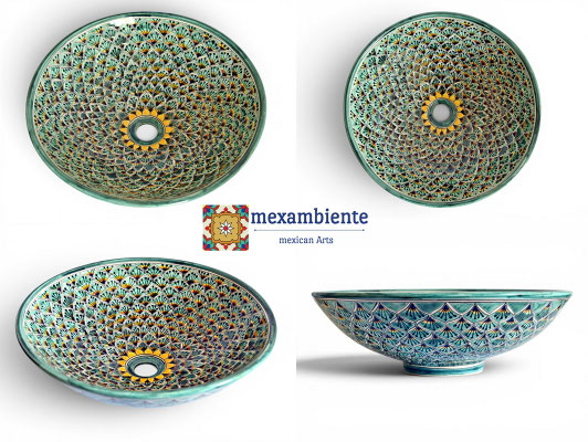 Handbemaltes Aufsatzwaschbecken mit exotischem Pfauenmuster von Mexambiente in Grün Talavera