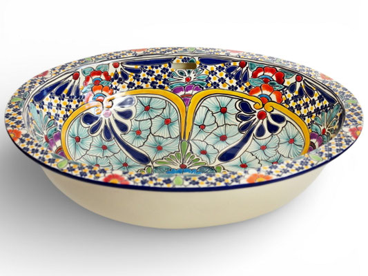 Ovales Einbauwaschbecken im Talavera-Stil, handbemalt im Caribe-Design mit buntem, floralem Muster für das Badezimmer.