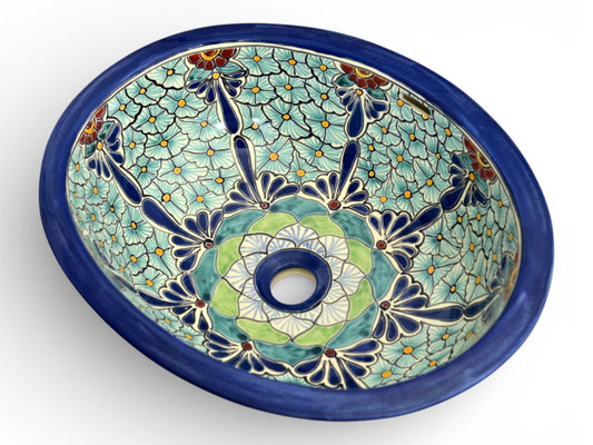 Keramik-Einbauwaschbecken, oval, aus Mexiko mit blau-grünem Blumenmuster PASION