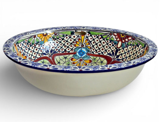 Farbenfrohes Einbauwaschbecken aus Keramik aus Mexiko mit Talavera-Blumenmuster