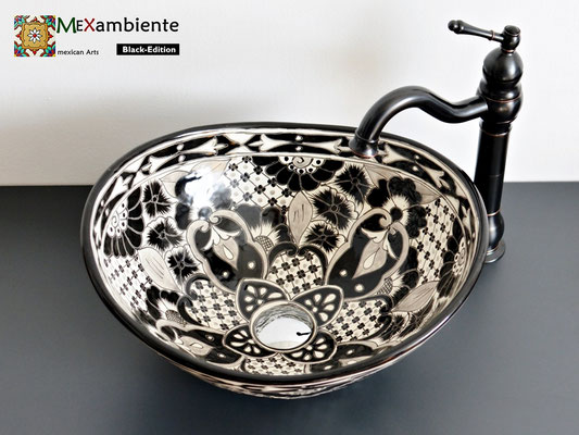 Aufsatzbecken oval mit schwarzem Talavera-Muster, Black Edition für das Badezimmer