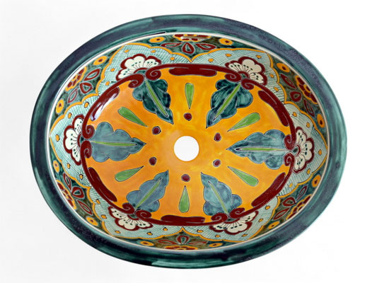 Farbenfrohes ovales Einbauwaschbecken aus Mexiko im Talavera-Design Verano von mexambiente