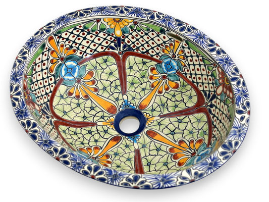 Farbenfrohes Einbauwaschbecken aus Keramik aus Mexiko mit Talavera-Blumenmuster