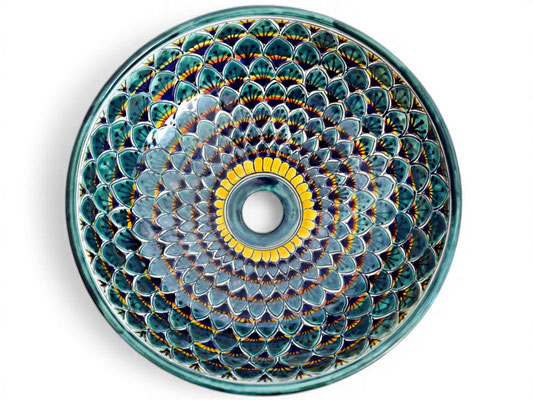Design-Waschbecken mit grünem Pfauenmuster, exotisch und wunderschön bemalt.