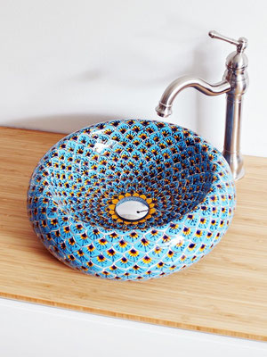 Marokkanisches Stil Keramik Aufsatzwaschecken handbemalt PAVO TÜKIS, handbemaltes Talavera Muster