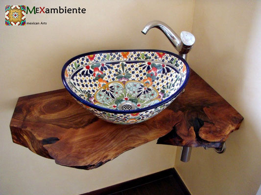 Originelle Waschtischplatte mit dem buntem Aufsatzwaschbecken Caribe (MEX7 oval)