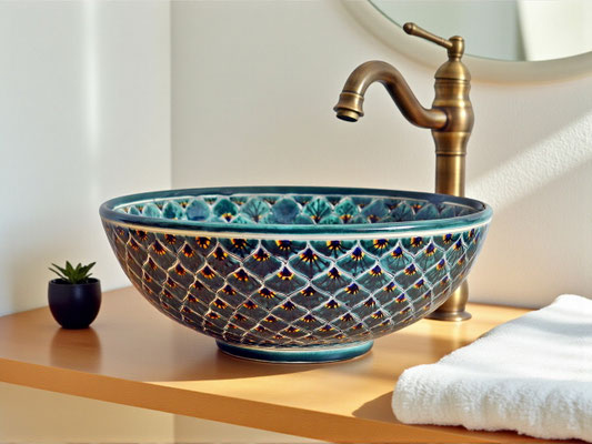 Handbemaltes Waschbecken PAVO VERDE für Bad und Gäste-WC 