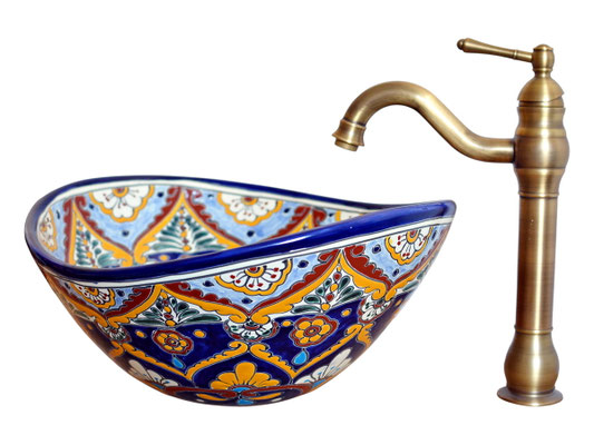Talavera Keramik Waschbecken oval blau bunt ACAPULCO mexambiente