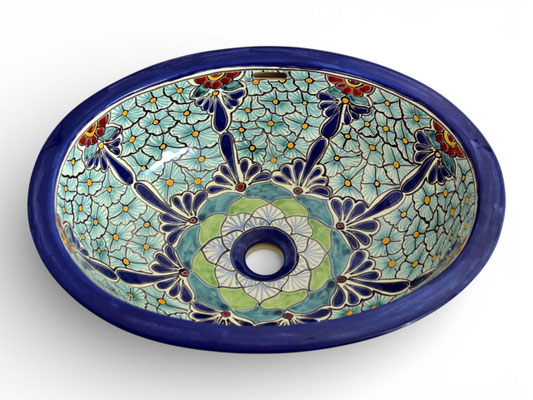 Keramik-Einbauwaschbecken, oval, aus Mexiko mit blau-grünem Blumenmuster PASION