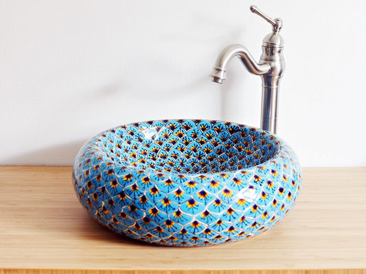 Marokkanisches Stil Keramik Aufsatzwaschecken handbemalt PAVO TÜKIS, handbemaltes Talavera Muster