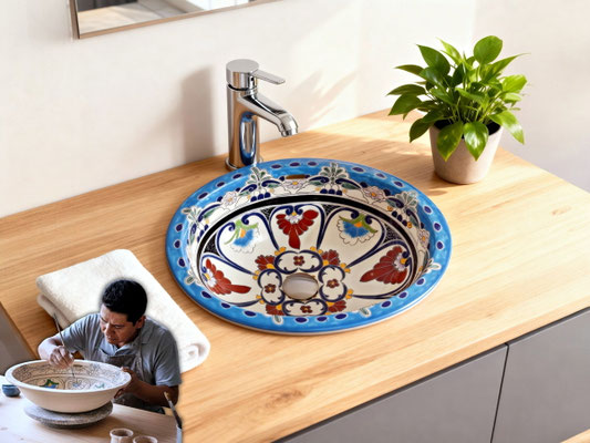 Handbemaltes Einbauwaschbecken aus Mexiko Keramik - Design TULUM von Mexambiente