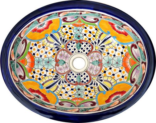Buntes Einbauwaschbecken aus mexikanischer Keramik FRIEDA Design oval
