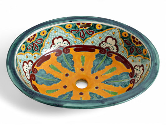 Farbenfrohes ovales Einbauwaschbecken aus Mexiko im Talavera-Design Verano von mexambiente