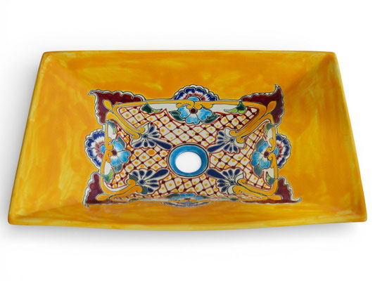 Rechteckiges, buntes Aufsatzwaschbecken aus Mexiko in Gelb mit abwechslungsreichem Talavera-Muster – PUEBLA Design