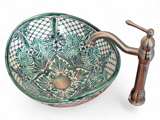 Handbemaltes mexikanisches Aufsatzwaschbecken Imperial Oval aus Talavera-Keramik in Grün