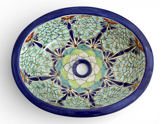Keramik-Einbauwaschbecken, oval, aus Mexiko mit blau-grünem Blumenmuster PASION