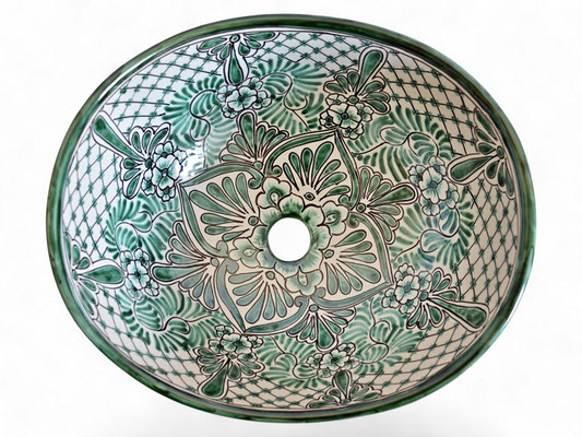Handbemaltes mexikanisches Aufsatzwaschbecken Imperial Oval aus Talavera-Keramik in Grün