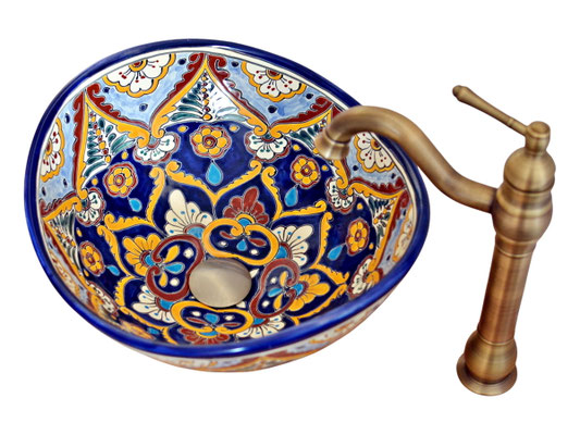 Talavera Keramik Waschbecken oval blau bunt ACAPULCO mexambiente