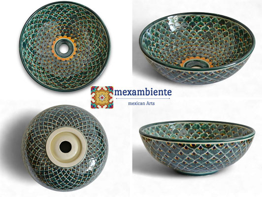 Handbemaltes Waschbecken PAVO VERDE für Bad und Gäste-WC 