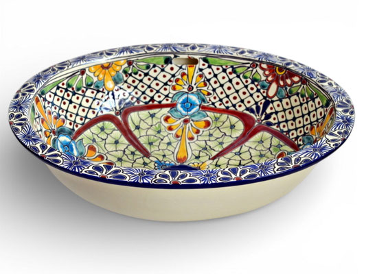 Farbenfrohes Einbauwaschbecken aus Keramik aus Mexiko mit Talavera-Blumenmuster