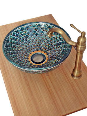 Handbemaltes Waschbecken PAVO VERDE für Bad und Gäste-WC 