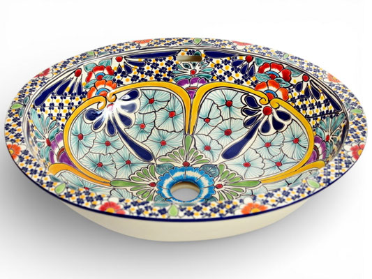 Ovales Einbauwaschbecken im Talavera-Stil, handbemalt im Caribe-Design mit buntem, floralem Muster für das Badezimmer.