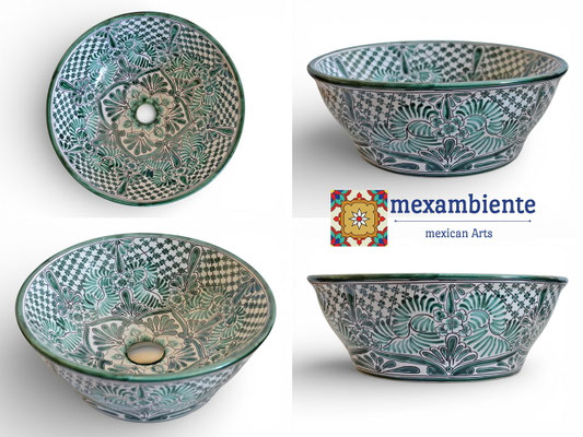 Waschbecken aus Mexiko Talavera Keramik in grün weiß - Mexambiente