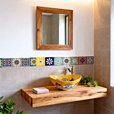 Mexambiente Aufsatzwaschbecken oval PUEBLA + Dekorfliesen 11x11 cm