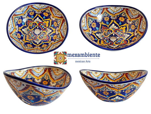 Talavera Keramik Waschbecken oval blau bunt ACAPULCO mexambiente