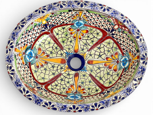 Farbenfrohes Einbauwaschbecken aus Keramik aus Mexiko mit Talavera-Blumenmuster