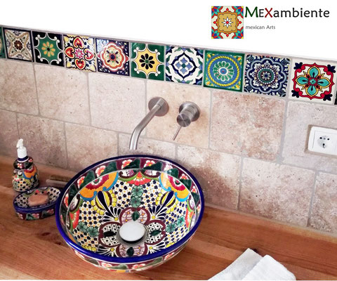 Rundes Aufsatzwaschbecken FRIDA + Mexikanische Fliesen 11x11 Dekor