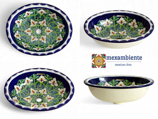 Mexiko Einbauwaschbecken aus Keramik mit handbemaltem Calla-Blumen-Motiv